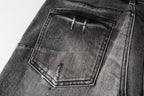 PURPLE  Men Streetwear Skinny Jeans Dark Gray Wash with White Paint Splatter and Distressed Rips 9032