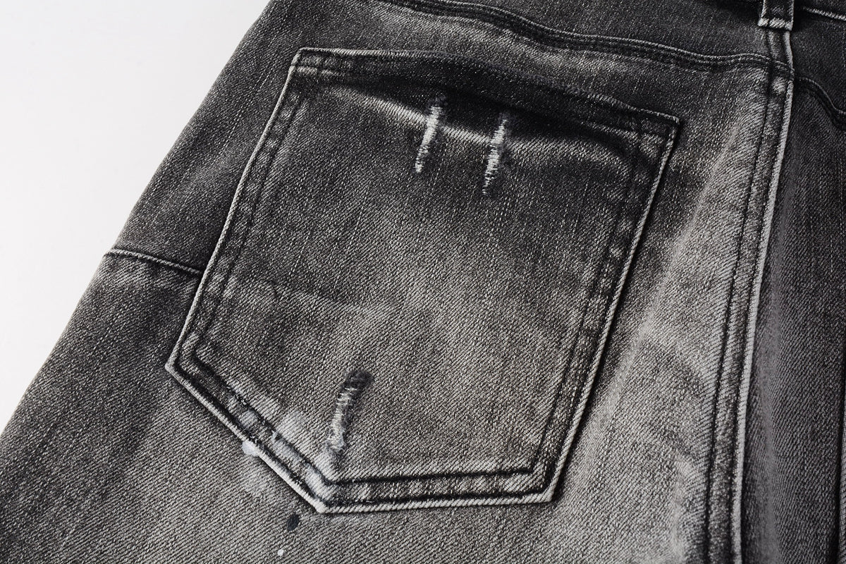 PURPLE  Men Streetwear Skinny Jeans Dark Gray Wash with White Paint Splatter and Distressed Rips 9032