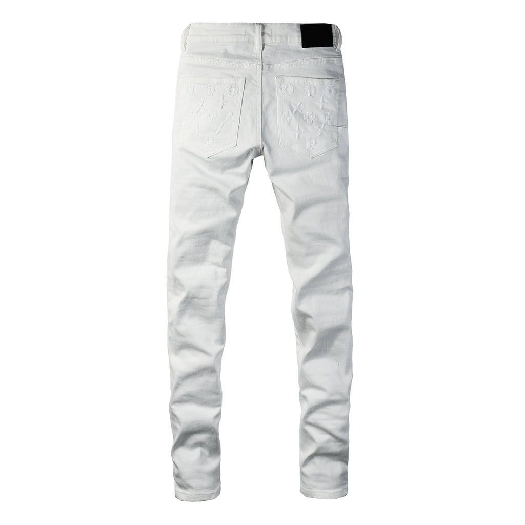 PURPLE  Men Designer Streetwear Skinny Jeans Solid White with 3D Embossed Monogram Pattern 9113