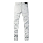 PURPLE  Men Designer Streetwear Skinny Jeans Solid White with 3D Embossed Monogram Pattern 9113