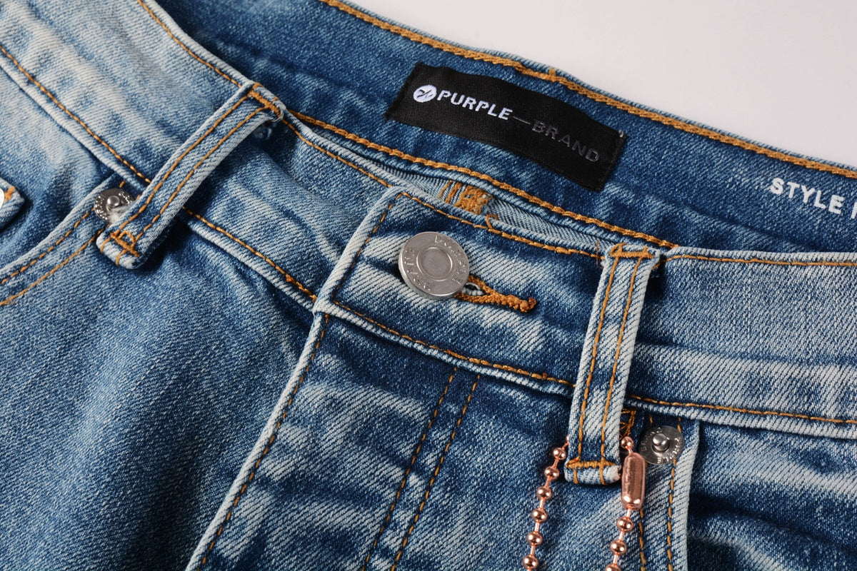 PURPLE  Men Streetwear Skinny Jeans Light Blue Wash with Black Pixelated Pattern Print 9052