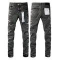 PURPLE  Men Streetwear Skinny Jeans Dark Gray Wash with White Marbled Texture 9056