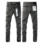 PURPLE  Men Streetwear Skinny Jeans Dark Gray Wash with White Marbled Texture 9056