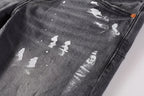 PURPLE  Men Streetwear Skinny Jeans Dark Gray Wash with Knee Rips and White Paint Splatter 9039