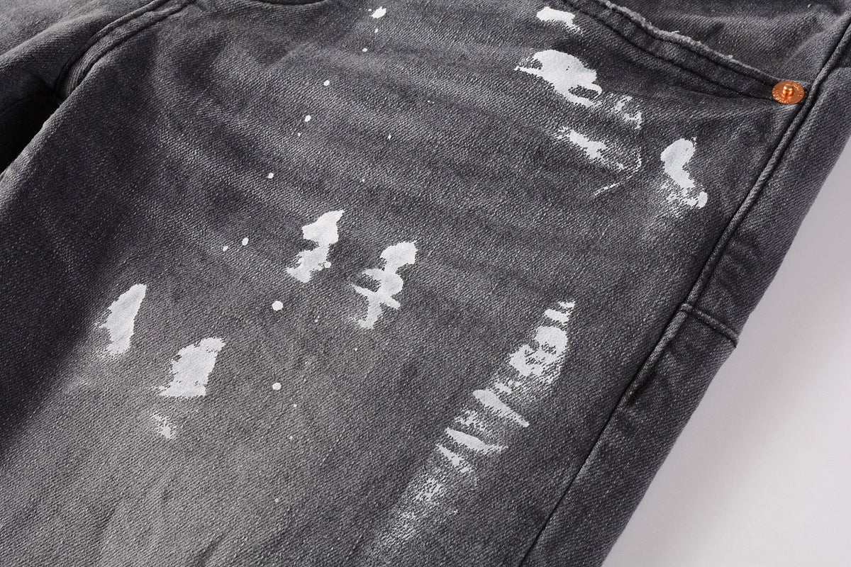 PURPLE  Men Streetwear Skinny Jeans Dark Gray Wash with Knee Rips and White Paint Splatter 9039