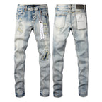 PURPLE  Men Streetwear Skinny Jeans Light Blue Wash with Heavy Distressed Rips 9050