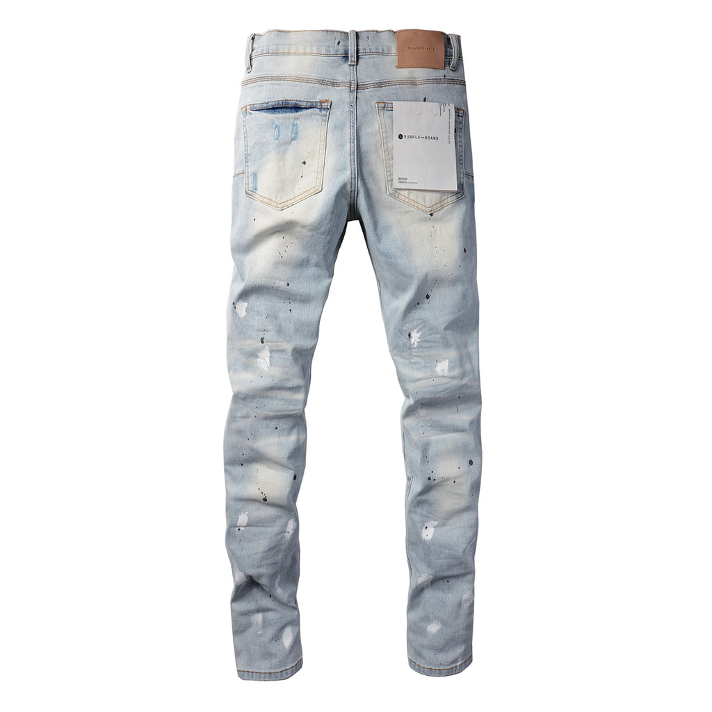 PURPLE  Men Streetwear Skinny Jeans Light Blue Wash with White Paint Splatter and Subtle Distress 9006