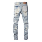 PURPLE  Men Streetwear Skinny Jeans Light Blue Wash with White Paint Splatter and Subtle Distress 9006