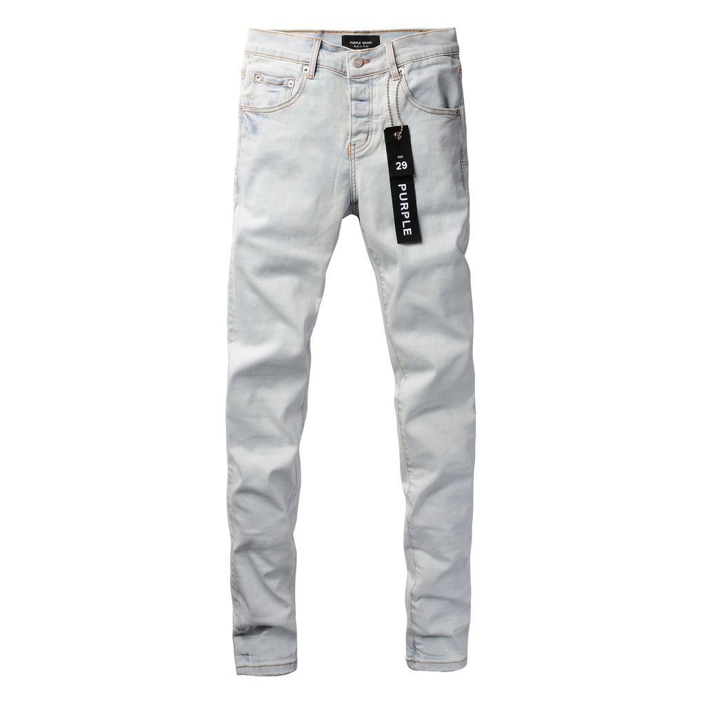 PURPLE  Men Streetwear Skinny Jeans Light Gray Wash with Minimalist Style and Tag Accent 9081