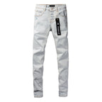 PURPLE  Men Streetwear Skinny Jeans Light Gray Wash with Minimalist Style and Tag Accent 9081