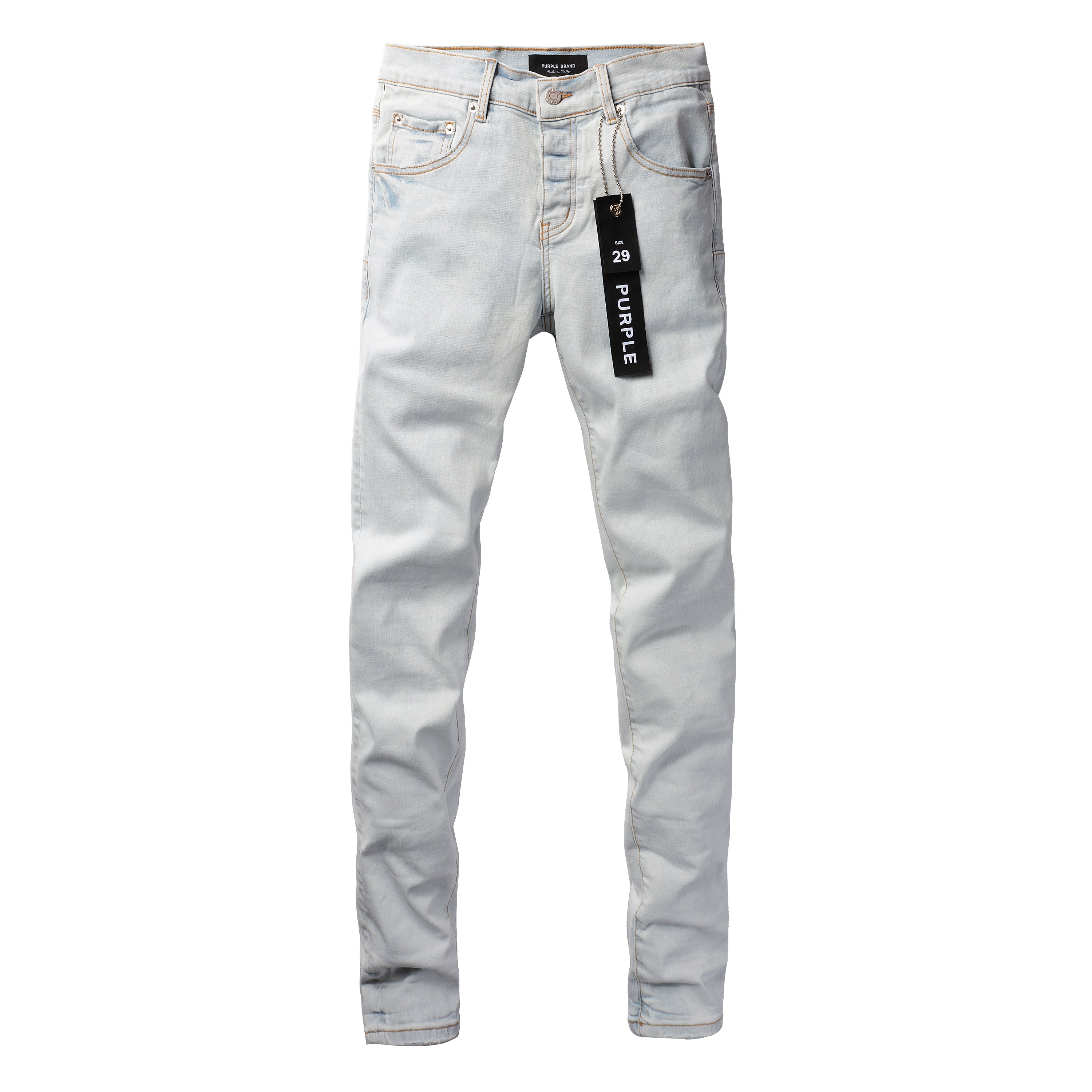 PURPLE  Men Streetwear Skinny Jeans Light Gray Wash with Minimalist Style and Tag Accent 9081