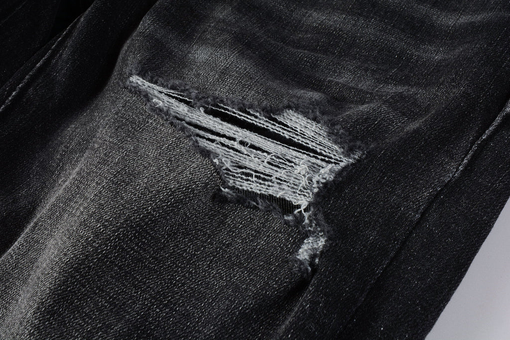 PURPLE  Men Streetwear Skinny Jeans Dark Gray Wash with Heavy Distressed Ripped Details 9079