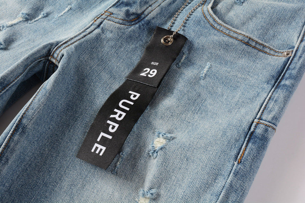 PURPLE   Men Streetwear Skinny Jeans Light Blue Wash with Subtle Distressed Ripped Details 9075