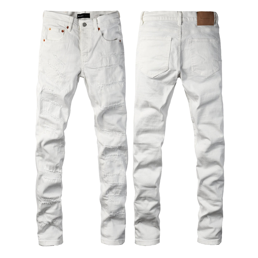 PURPLE  Men Classic Streetwear Skinny Jeans Solid White with Subtle Distressed Details PU9118
