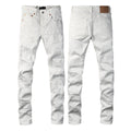 PURPLE  Men Classic Streetwear Skinny Jeans Solid White with Subtle Distressed Details PU9118