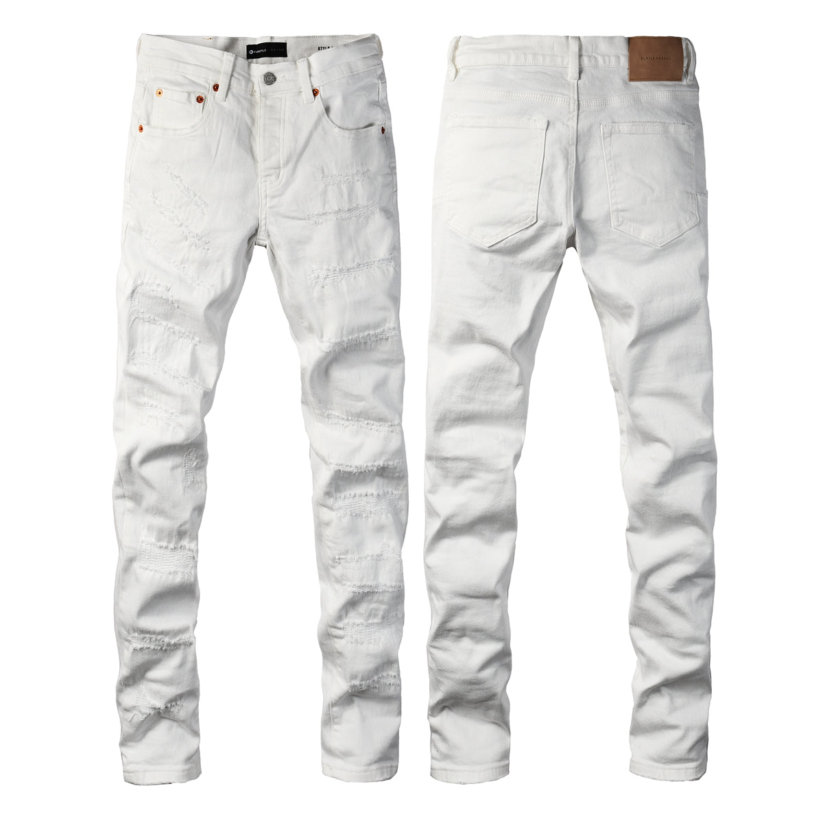 PURPLE  Men Classic Streetwear Skinny Jeans Solid White with Subtle Distressed Details PU9118