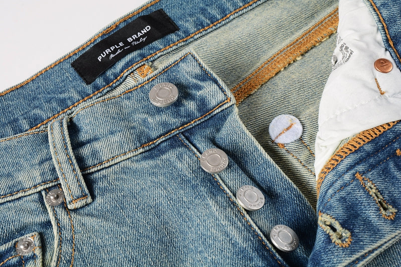PURPLE  Men Streetwear Skinny Jeans Light Blue Wash with Distressed Ripped Knee Details 9076