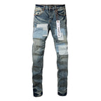 PURPLE  Men Streetwear Skinny Jeans Light Blue Wash with Patchwork Distressed Details 9015