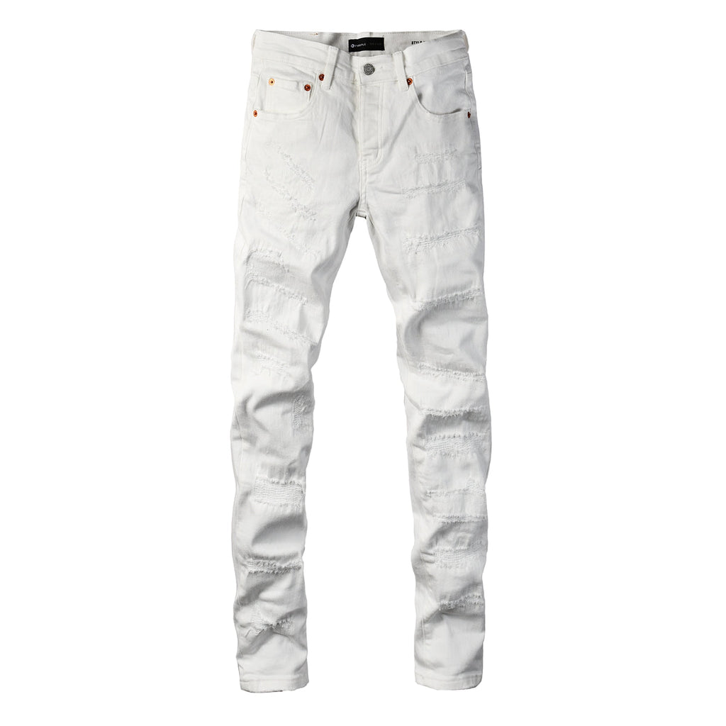 PURPLE  Men Classic Streetwear Skinny Jeans Solid White with Subtle Distressed Details PU9118