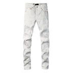PURPLE  Men Classic Streetwear Skinny Jeans Solid White with Subtle Distressed Details PU9118