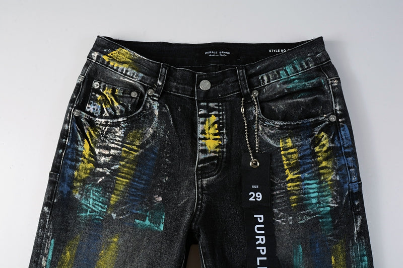 PURPLE  Men Streetwear Skinny Jeans Black Wash with Colorful Graffiti Paint Splash 9078