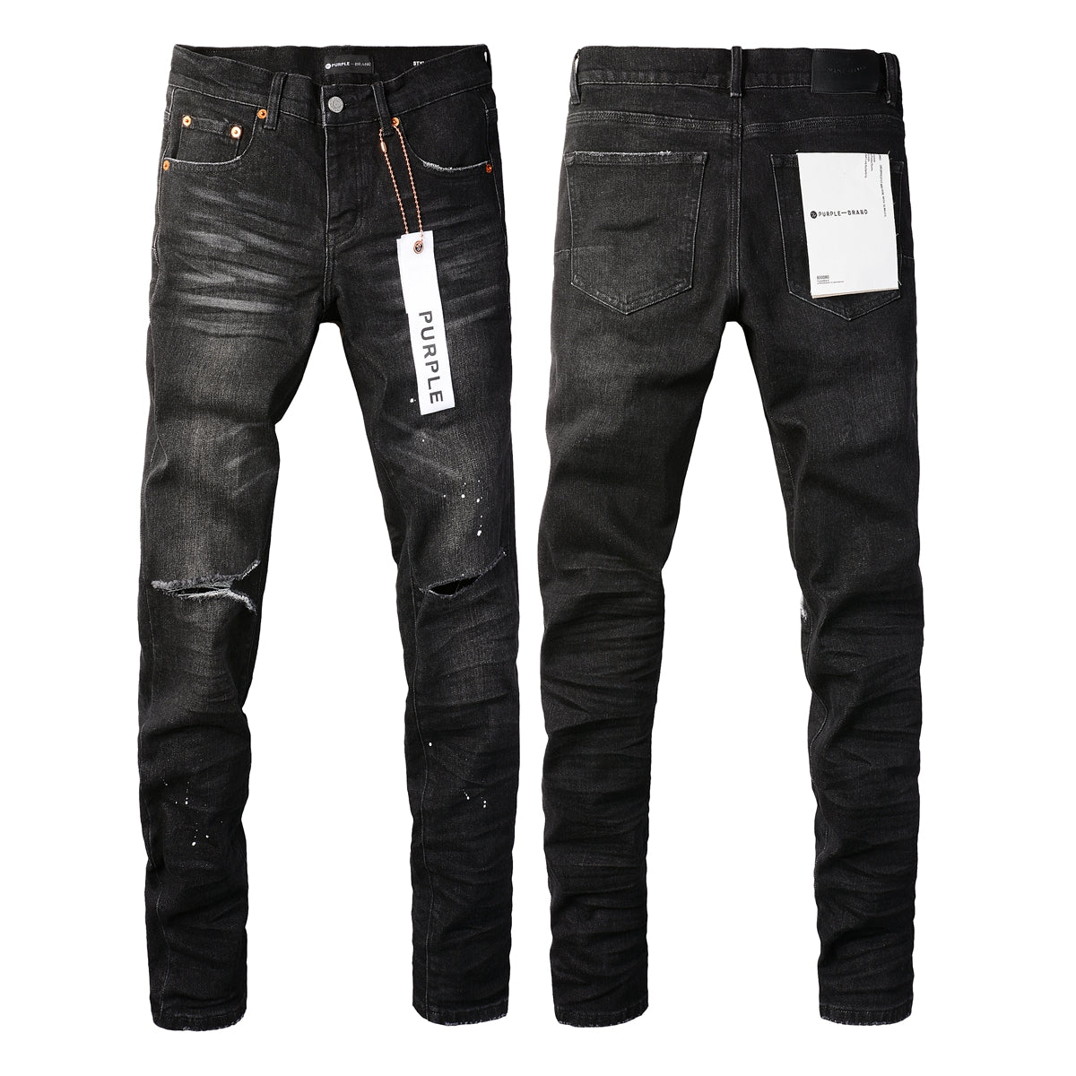 PURPLE   Men Streetwear Skinny Jeans Black Wash with Knee Rips and White Paint Specks 9035