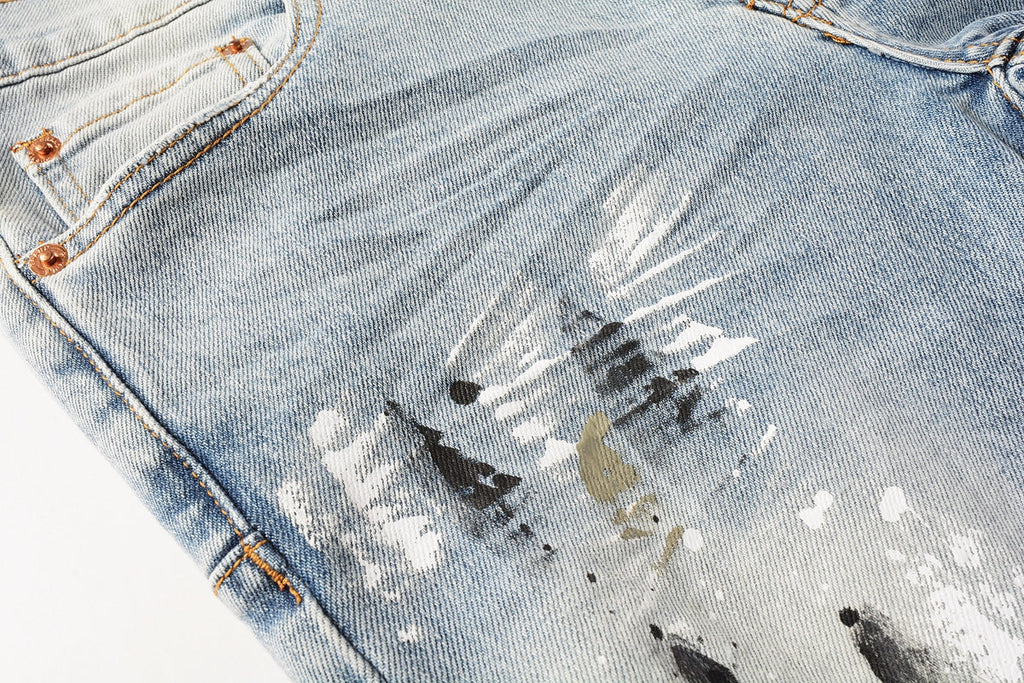 PURPLE  Men Streetwear Jeans Light Blue Paint Splash Distressed Ripped skinny 9100