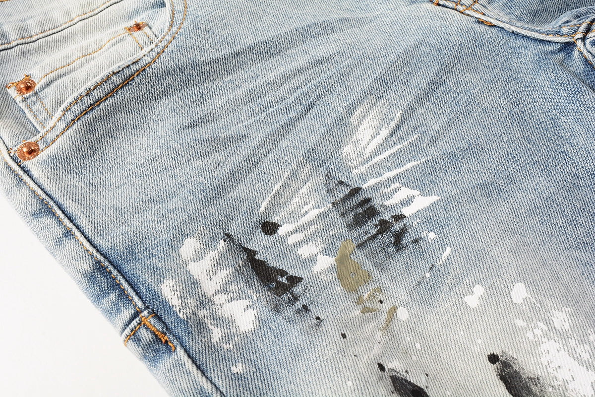 PURPLE  Men Streetwear Jeans Light Blue Paint Splash Distressed Ripped skinny 9100