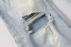 PURPLE  Men Streetwear Skinny Jeans Light Blue Wash with White Paint Splatter and Subtle Distress 9006
