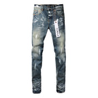 PURPLE  Men Streetwear Skinny Jeans Light Blue Wash with White Paint Brush Strokes 9060