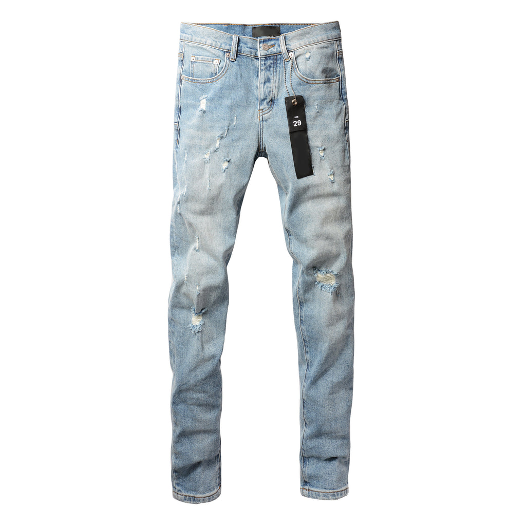 PURPLE   Men Streetwear Skinny Jeans Light Blue Wash with Subtle Distressed Ripped Details 9075