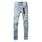 PURPLE   Men Streetwear Skinny Jeans Light Blue Wash with Subtle Distressed Ripped Details 9075