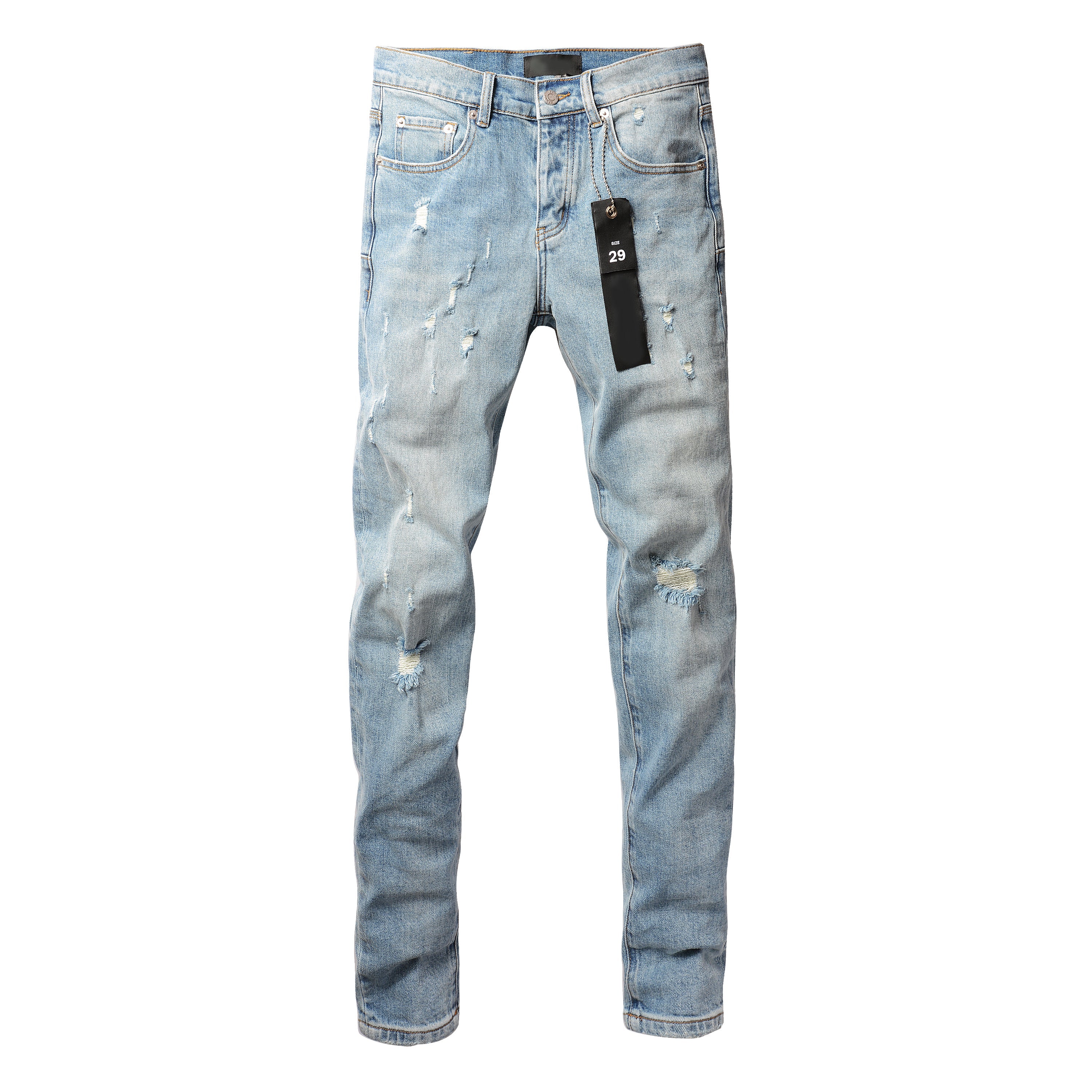 PURPLE   Men Streetwear Skinny Jeans Light Blue Wash with Subtle Distressed Ripped Details 9075