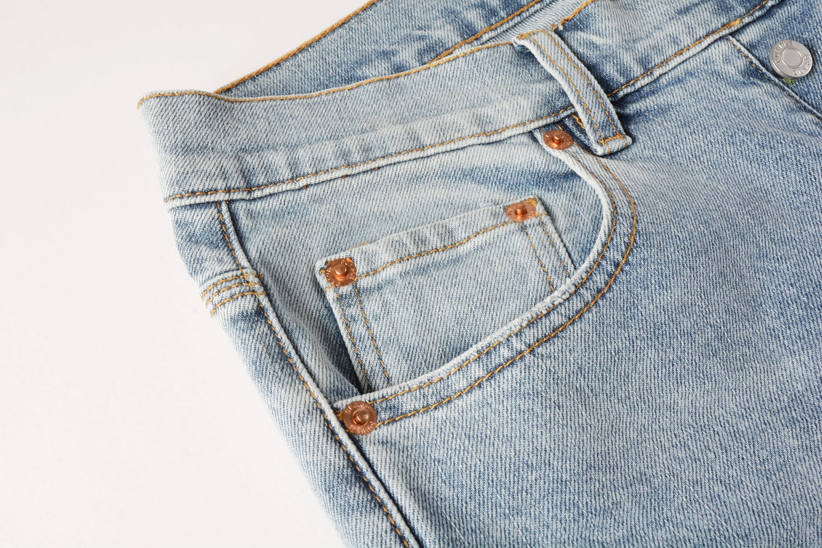 PURPLE  Men Streetwear Jeans Light Blue Ripped Graffiti Print Distressed skinny 9101