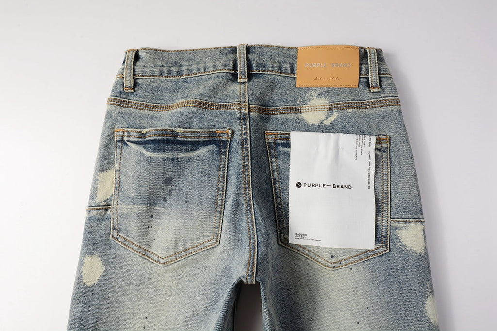 PURPLE   Men Streetwear Jeans Distressed Light Blue Paint Dot Ripped skinny 9092