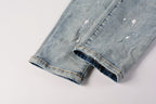 PURPLE   Men Streetwear Skinny Jeans Light Blue Wash with Heavy Distressed Rips and White Paint Splatter 9003