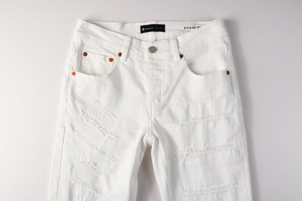 PURPLE  Men Classic Streetwear Skinny Jeans Solid White with Subtle Distressed Details PU9118
