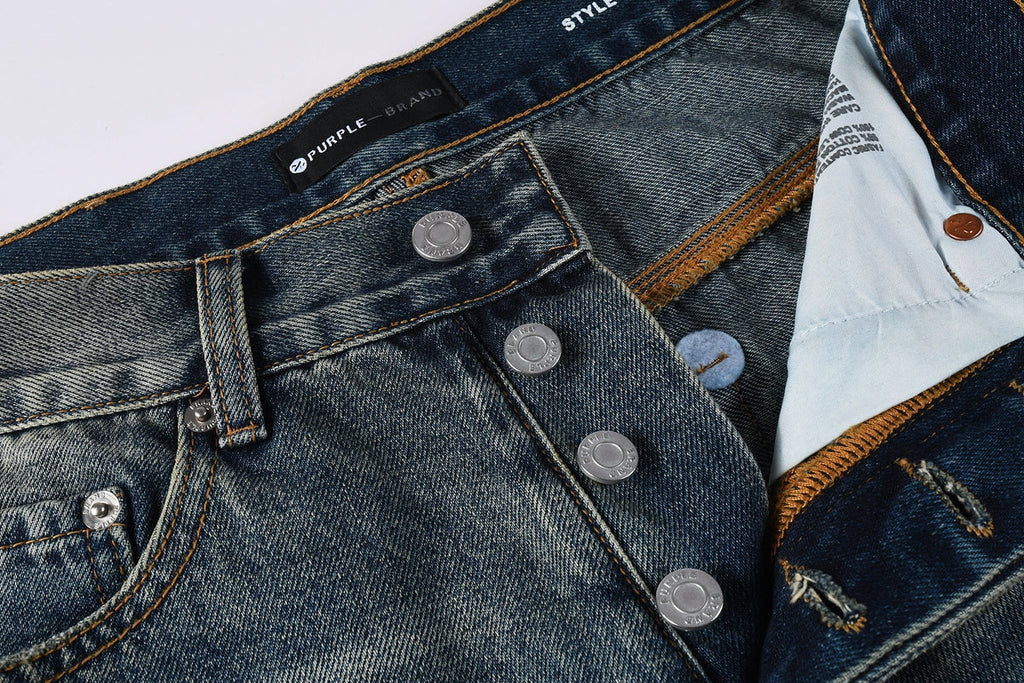PURPLE  Men Vintage Streetwear Straight Jeans Blue Washed with Whisker Fade and Contrast Panels PU9120