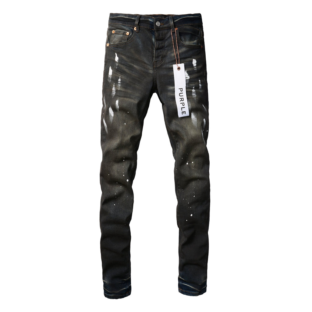 PURPLE  Men Streetwear Skinny Jeans Dark Gray Wash with White Paint Splatter and Brush Strokes 9036