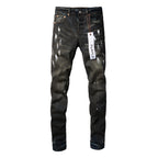 PURPLE  Men Streetwear Skinny Jeans Dark Gray Wash with White Paint Splatter and Brush Strokes 9036