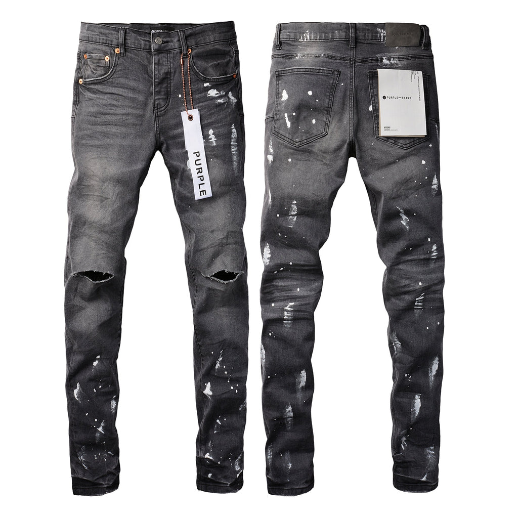 PURPLE  Men Streetwear Skinny Jeans Dark Gray Wash with Knee Rips and White Paint Splatter 9039