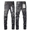 PURPLE  Men Streetwear Skinny Jeans Dark Gray Wash with Knee Rips and White Paint Splatter 9039