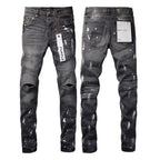 PURPLE  Men Streetwear Skinny Jeans Dark Gray Wash with Knee Rips and White Paint Splatter 9039