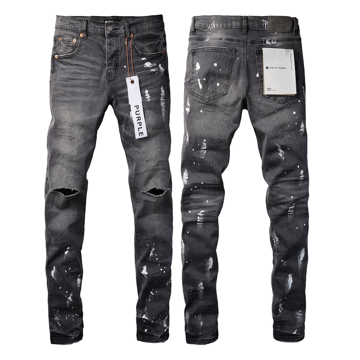PURPLE  Men Streetwear Skinny Jeans Dark Gray Wash with Knee Rips and White Paint Splatter 9039
