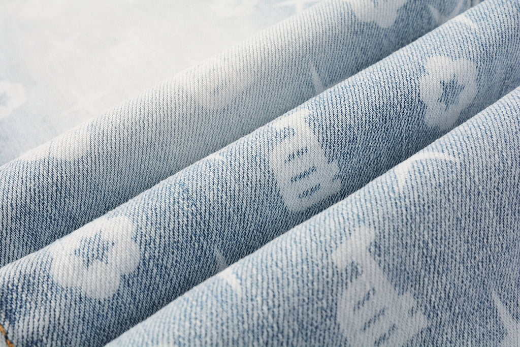 PURPLE  Men Streetwear Skinny Jeans Light Blue Wash with All - Over Pattern Print 9089