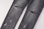 PURPLE  Men Streetwear Skinny Jeans Dark Gray Wash with Knee Rips and White Paint Splatter 9039