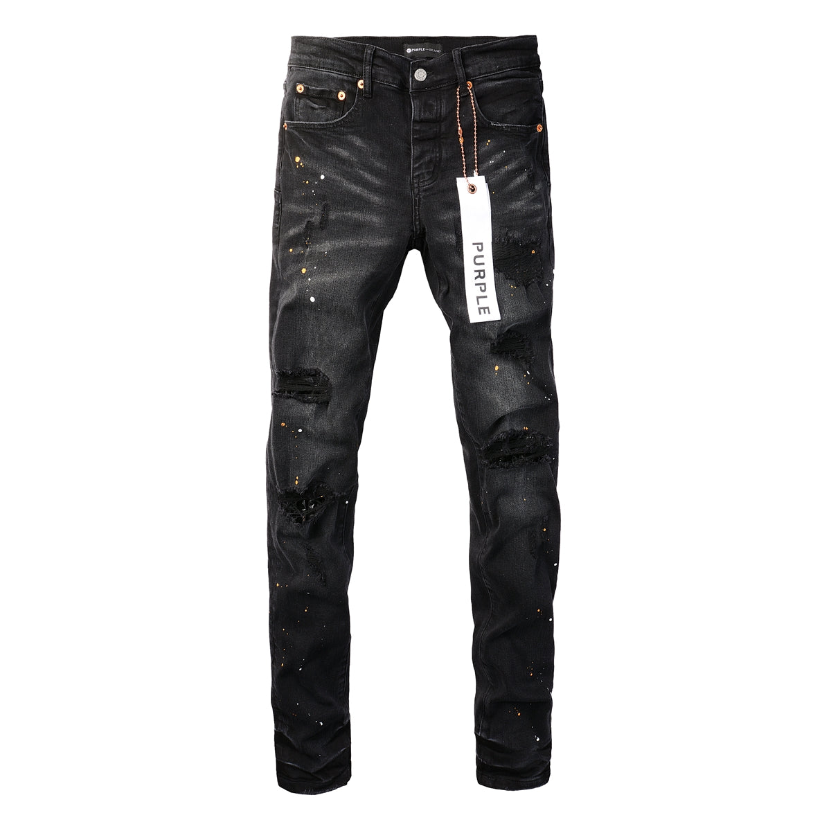 PURPLE  Mens Jeans - Distressed Black Denim with Knee Slit and Ripped Hole 9045