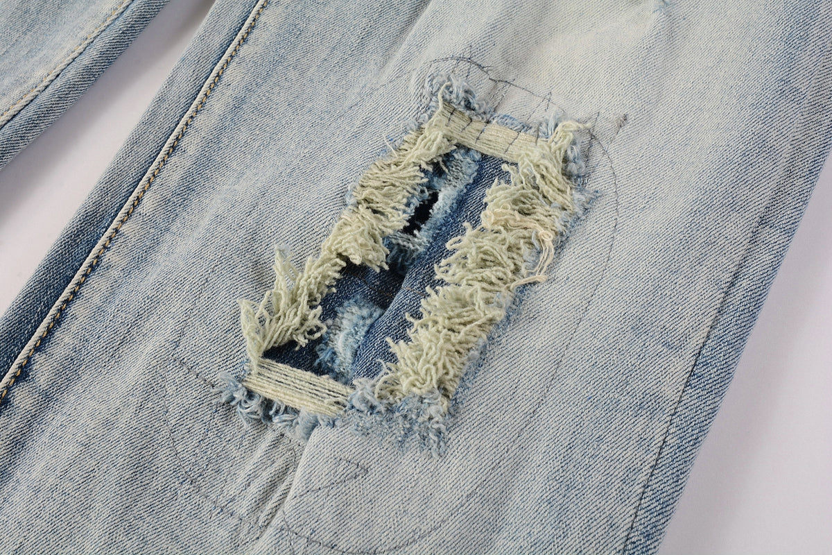 PURPLE  Men Streetwear Skinny Jeans Light Blue Wash with Heavy Distressed Rips 9050