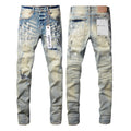 PURPLE  Men Streetwear Skinny Jeans Light Blue Wash with White Paint Splatter and Distressed Rips 9007
