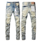 PURPLE  Men Streetwear Skinny Jeans Light Blue Wash with White Paint Splatter and Distressed Rips 9007